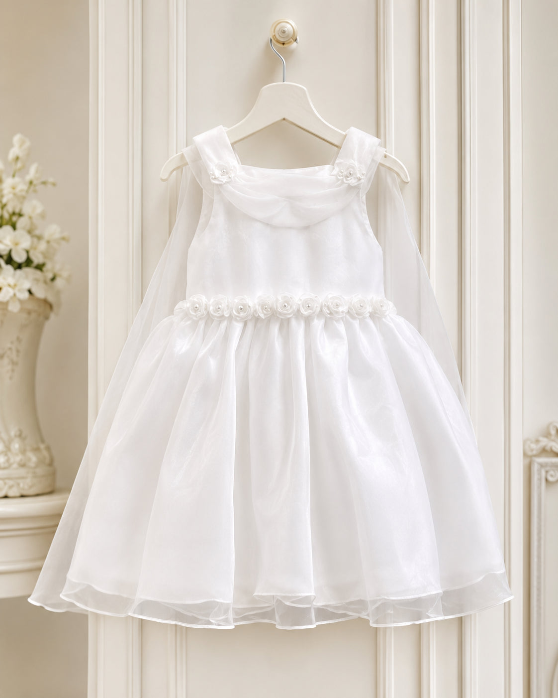 Girls White Organza Rosette-Waist Flower Girl Dress - Back View | Afayi Commerce