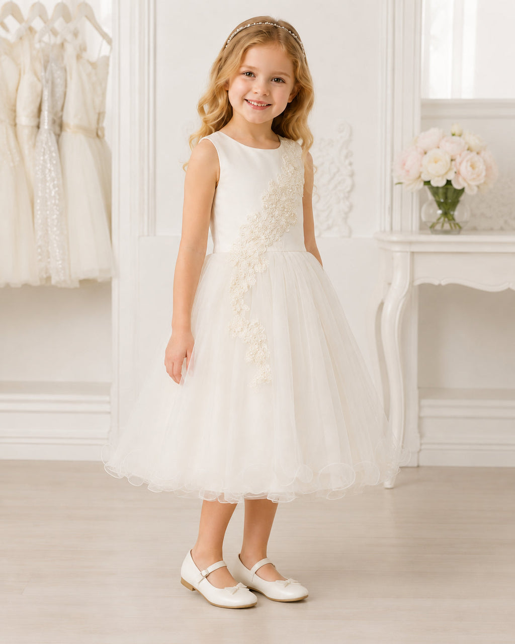 Girls Ivory Tulle Floral Applique Flower Girl Dress - Front View 2 | Afayi Commerce