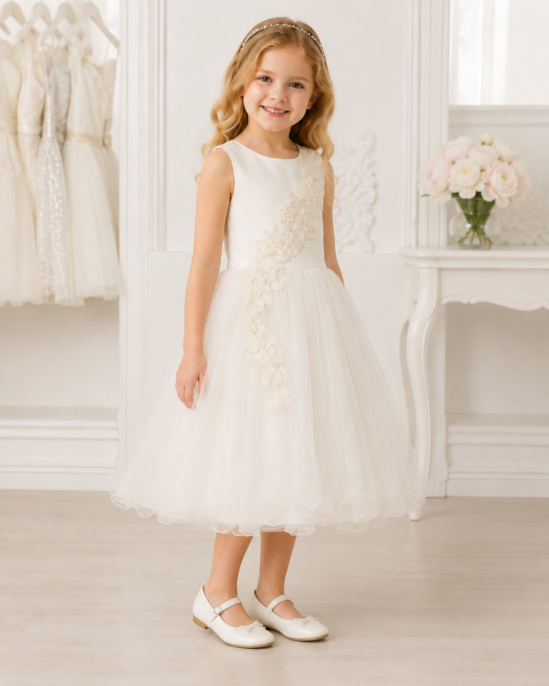 Girls Ivory Tulle Floral Applique Flower Girl Dress - Front View 2 | Afayi Commerce