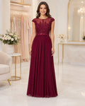 Burgundy Lace Cap-Sleeve Chiffon A-Line Gown - Front View | Afayi Commerce