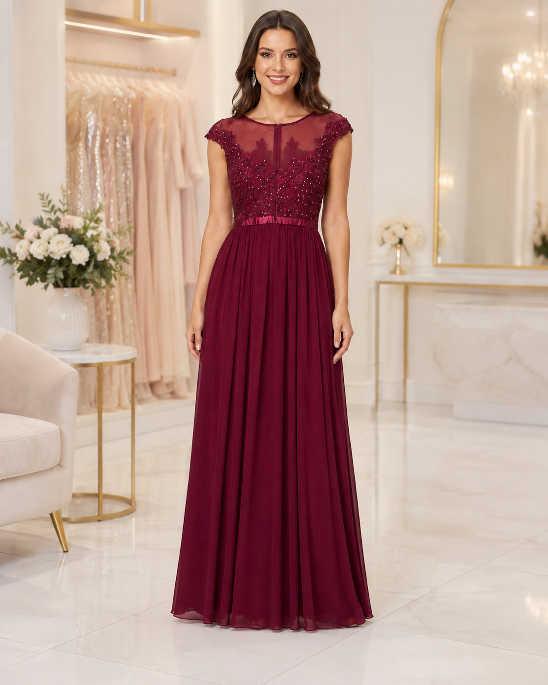 Burgundy Lace Cap-Sleeve Chiffon A-Line Gown - Front View | Afayi Commerce