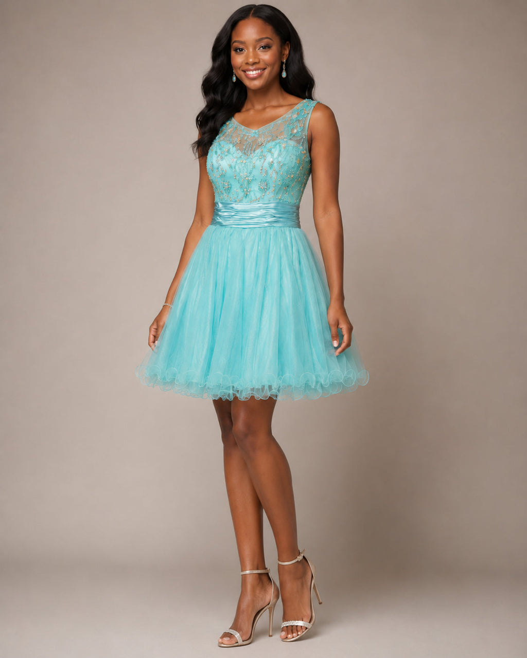 Aqua Glitter Tulle Lace-Bodice Party Dress - Front View 3 | Afayi Commerce