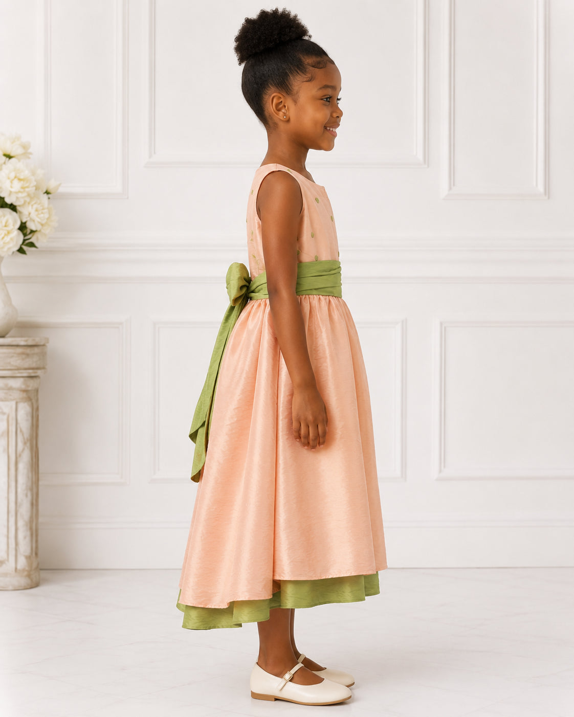 Girls Peach Taffeta Sage-Sash Flower Girl Dress - Side View | Afayi Commerce