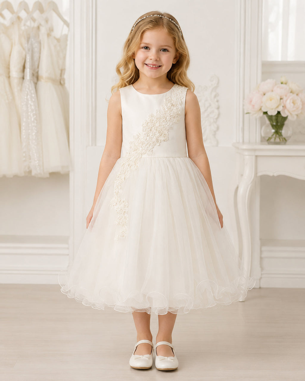 Girls Ivory Tulle Floral Applique Flower Girl Dress - Front View 3 | Afayi Commerce