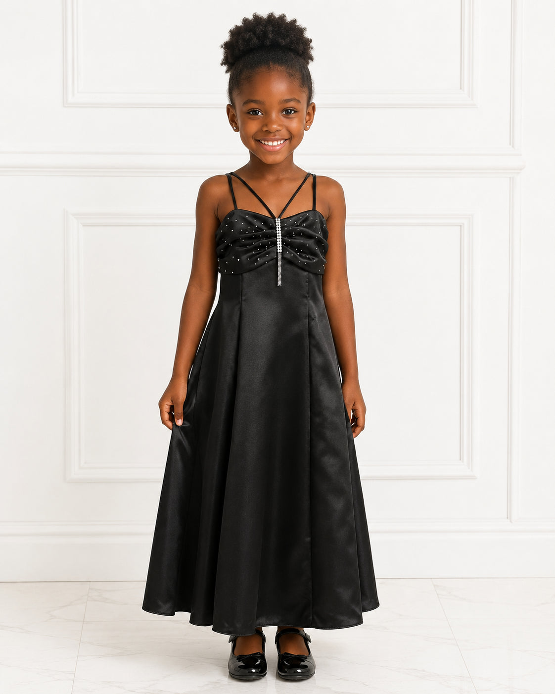 Girls Black Satin Beaded-Bodice Party Gown - Front View 2 | Afayi Commerce