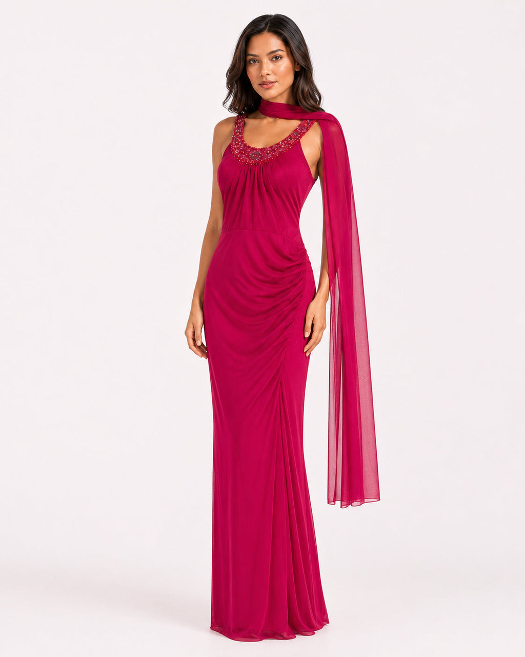 Raspberry Beaded Scoop-Neck Draped Gown - Alternate View 2 | Afayi Commerce