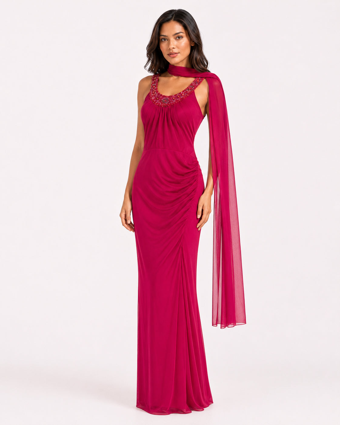 Raspberry Beaded Scoop-Neck Draped Gown - Alternate View 2 | Afayi Commerce