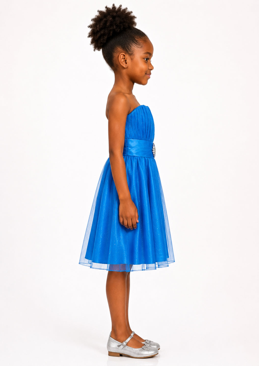 Girls Royal Blue Rhinestone Tulle Party Dress - Side View | Afayi Commerce