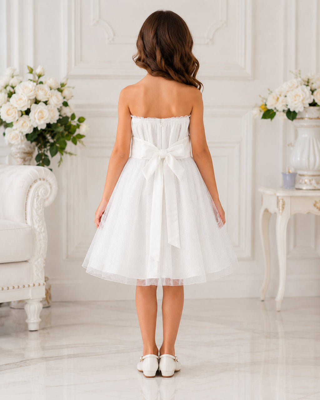 Girls Ivory Tulle Bow Sash Flower Girl Dress - Back View | Afayi Commerce