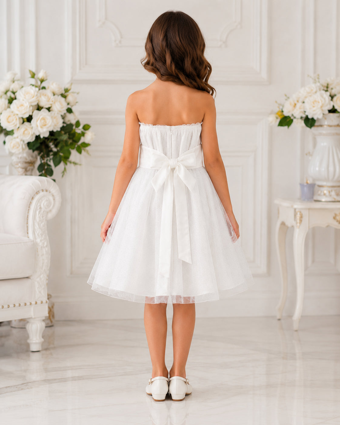 Girls Ivory Tulle Bow Sash Flower Girl Dress - Back View | Afayi Commerce