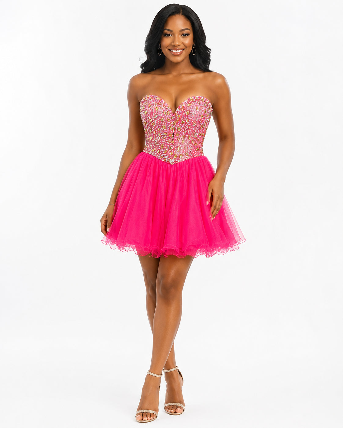 Hot Pink Beaded Corset Tulle Party Dress - Alternate View 3 | Afayi Commerce