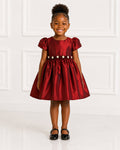 Girls Burgundy Taffeta Puff-Sleeve Holiday Dress - Front View | Afayi Commerce