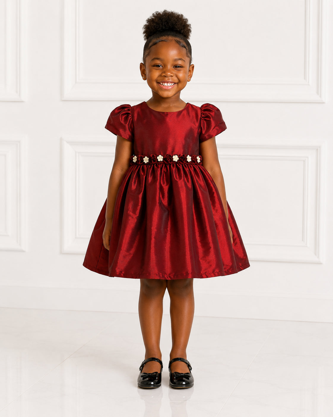 Girls Burgundy Taffeta Puff-Sleeve Holiday Dress - Front View | Afayi Commerce