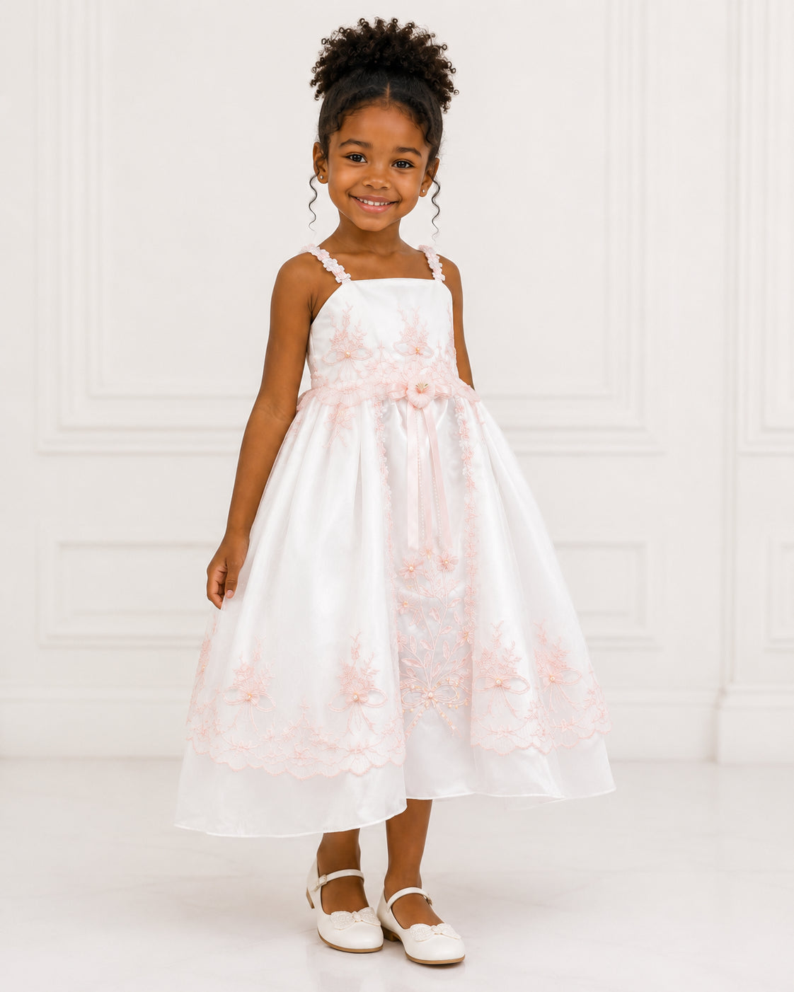 Girls Ivory Pink-Lace Applique Flower Girl Dress - Front View 2 | Afayi Commerce