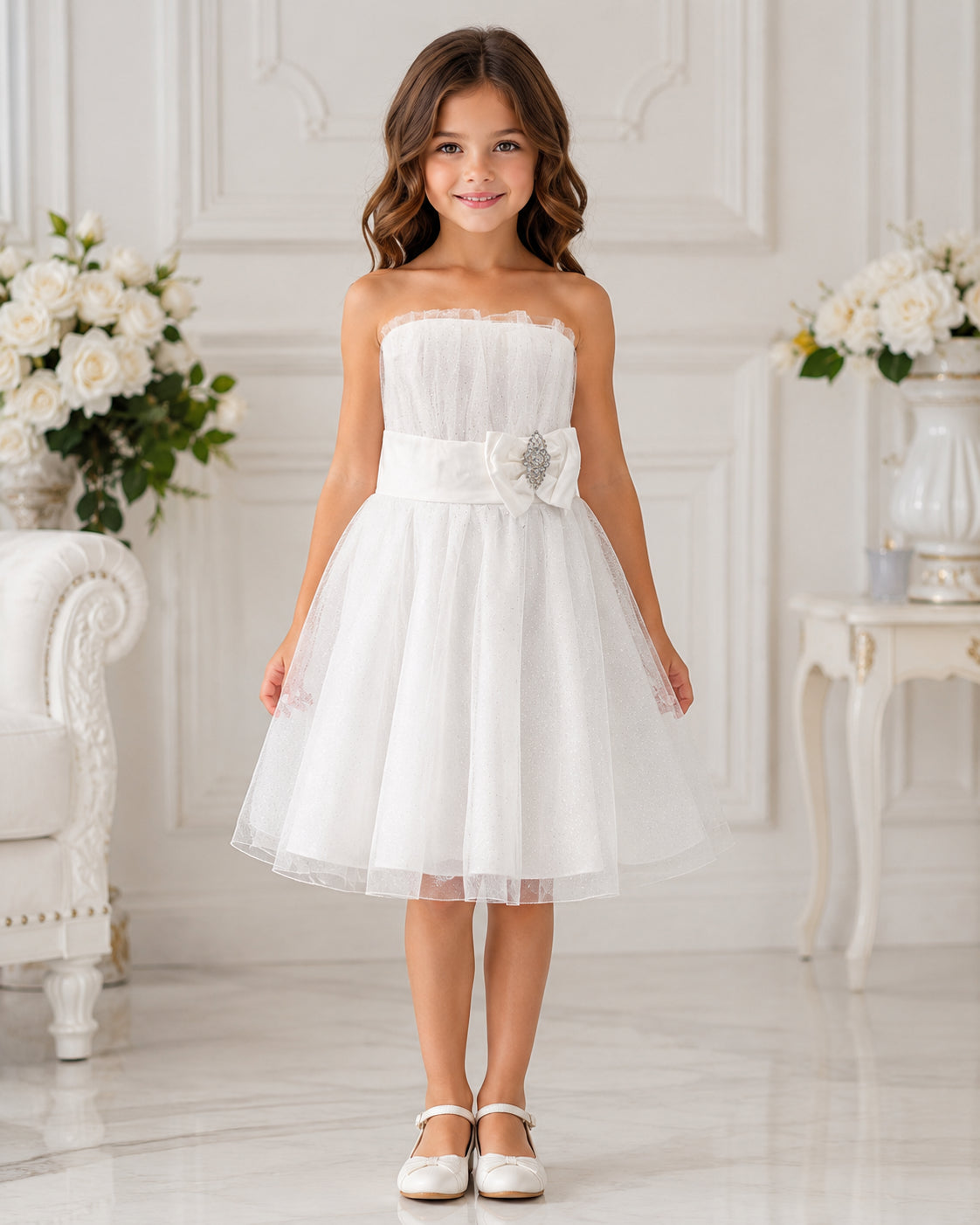 Girls Ivory Tulle Bow Sash Flower Girl Dress - Front View 2 | Afayi Commerce