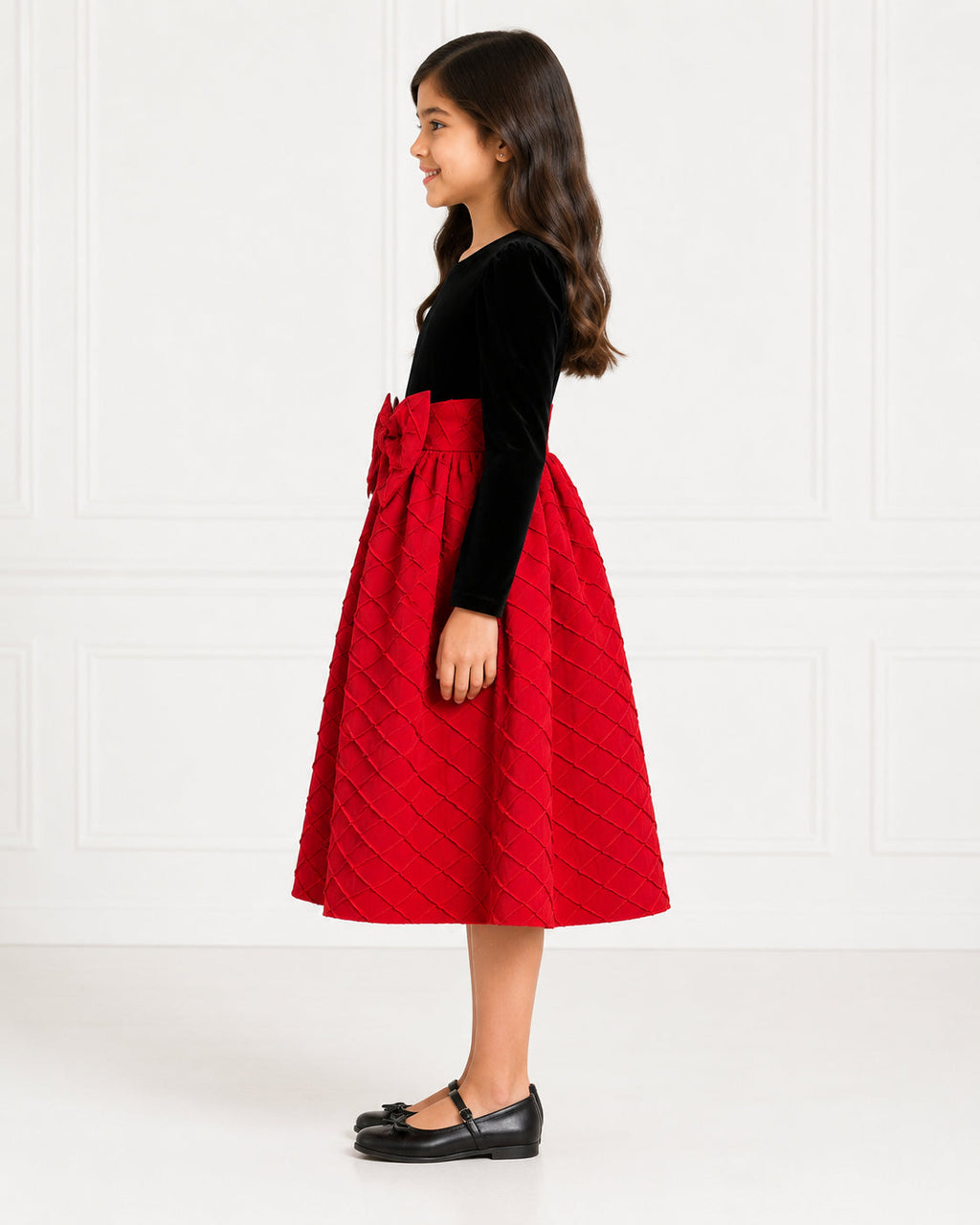 Girls Crimson Quilted Velvet Holiday Dress - Side View | Afayi Commerce