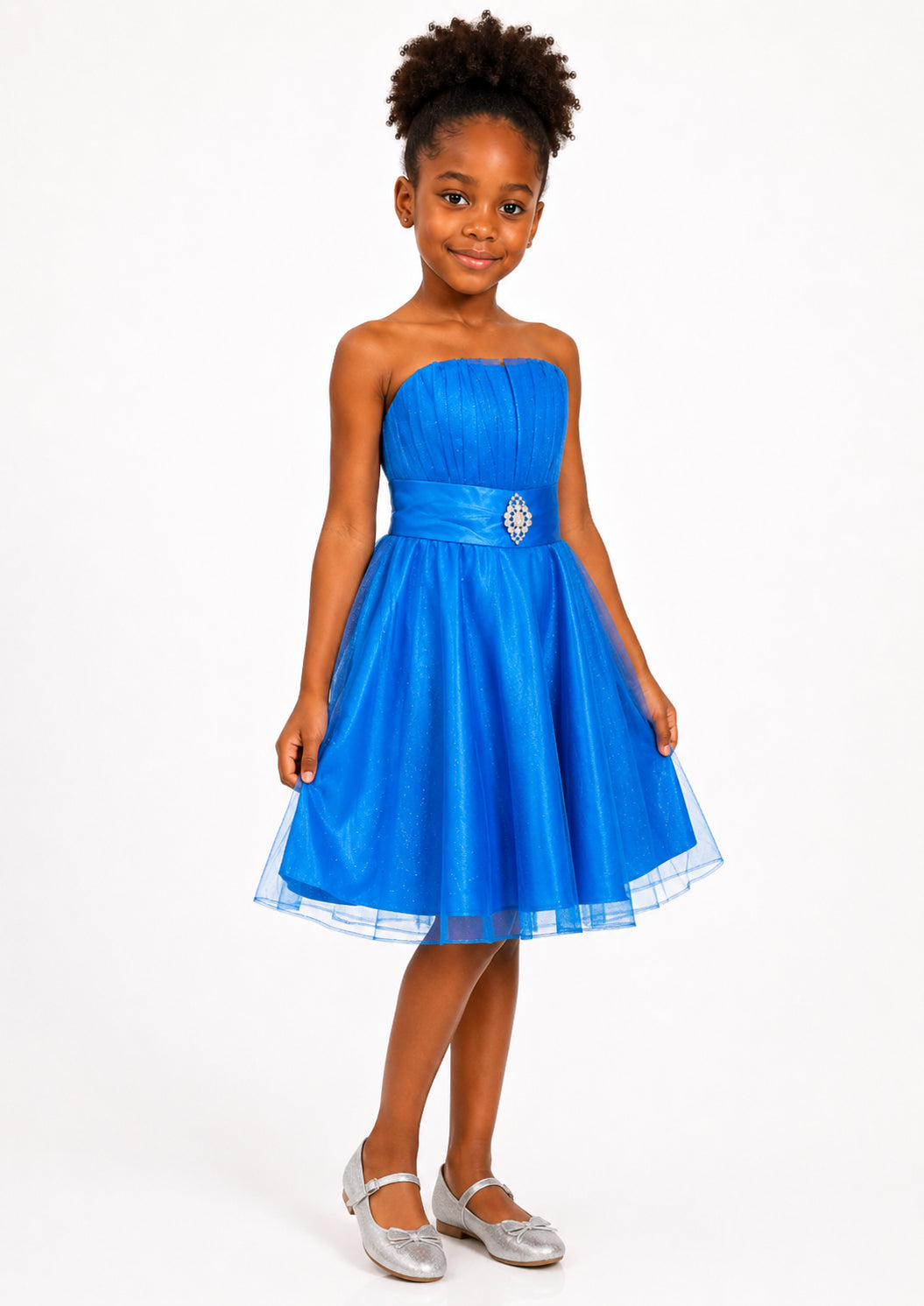 Girls Royal Blue Rhinestone Tulle Party Dress - Front View | Afayi Commerce