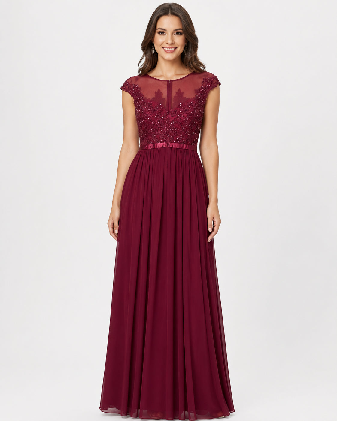Burgundy Lace Cap-Sleeve Chiffon A-Line Gown - Alternate View 2 | Afayi Commerce