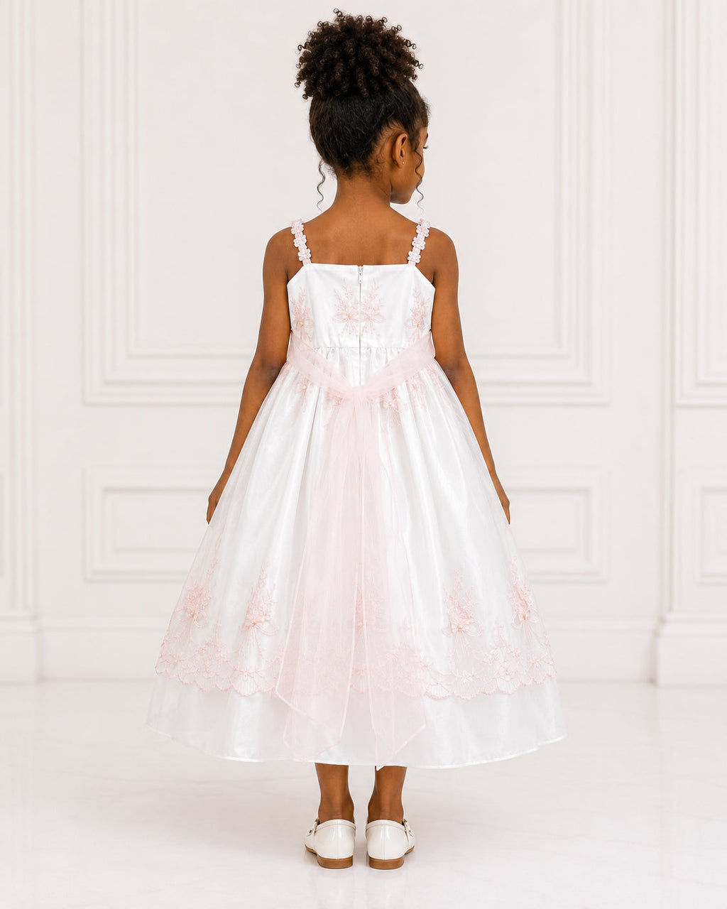 Girls Ivory Pink-Lace Applique Flower Girl Dress - Back View | Afayi Commerce