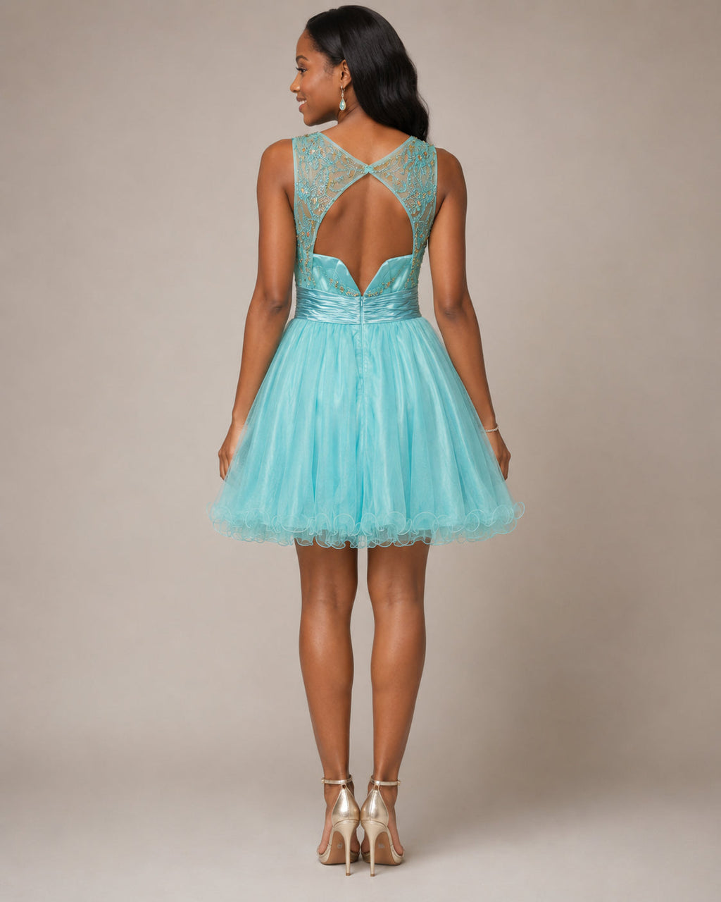 Aqua Glitter Tulle Lace-Bodice Party Dress - Back View | Afayi Commerce