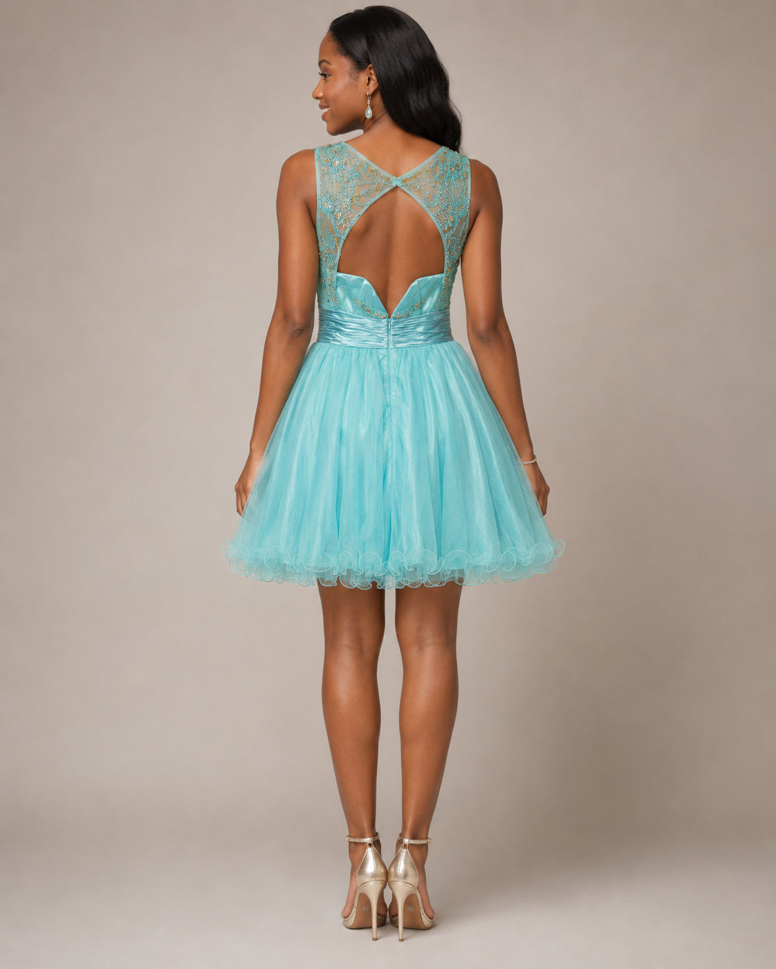 Aqua Glitter Tulle Lace-Bodice Party Dress - Back View | Afayi Commerce
