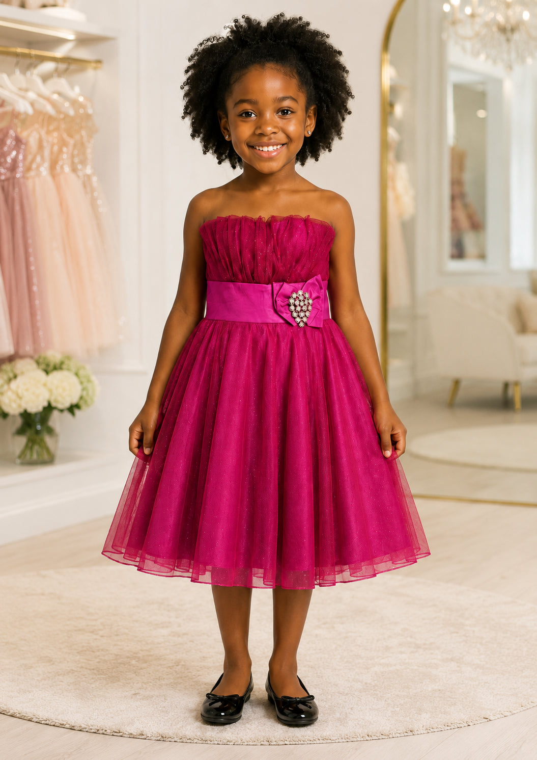 Girls Fuchsia Glitter Tulle Flower Girl Dress - Front View | Afayi Commerce