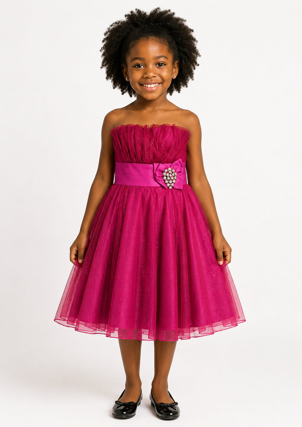 Girls Fuchsia Glitter Tulle Flower Girl Dress - Front View 2 | Afayi Commerce