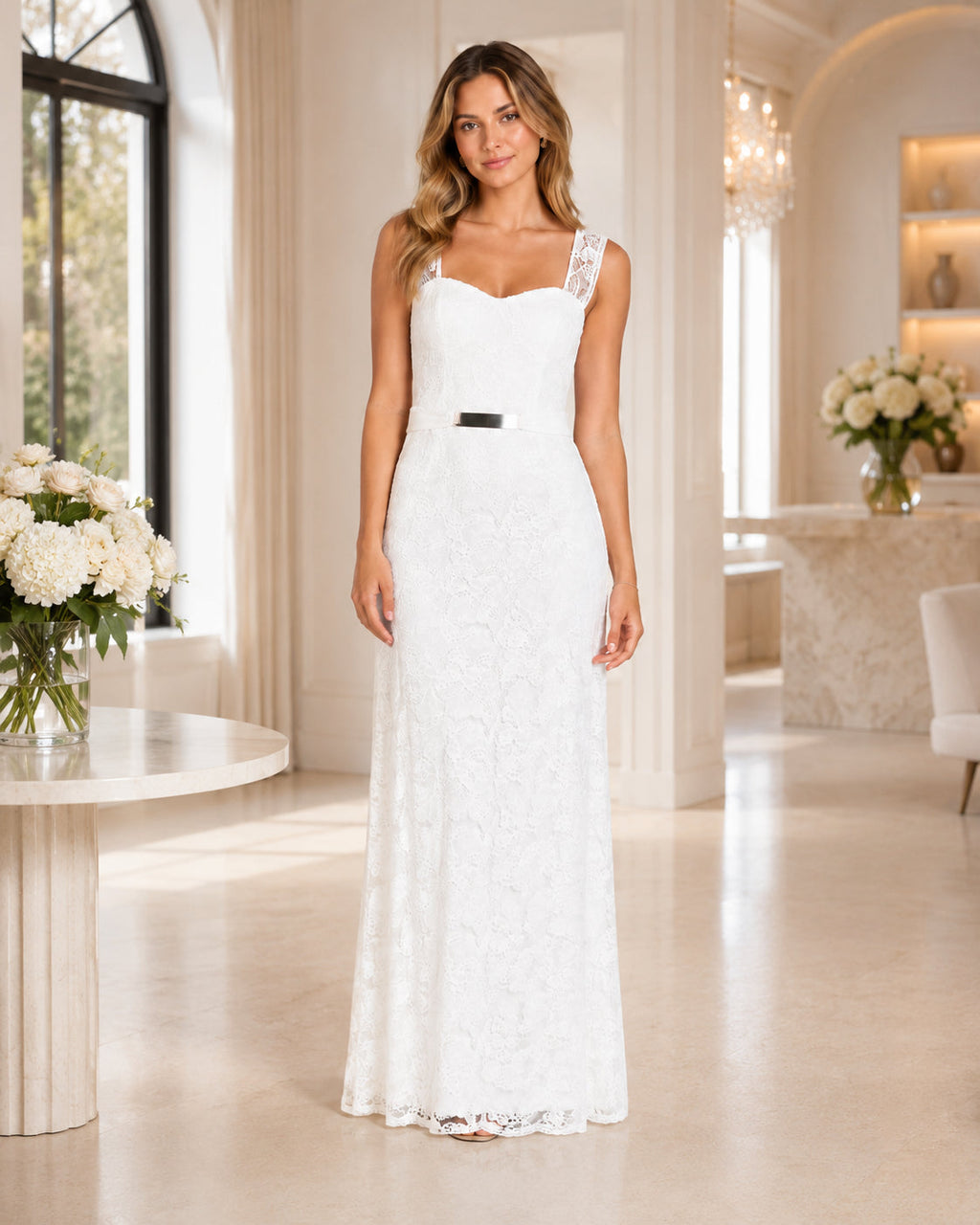 Ivory Floral Lace Column Bridal Gown - Front View | Afayi Commerce