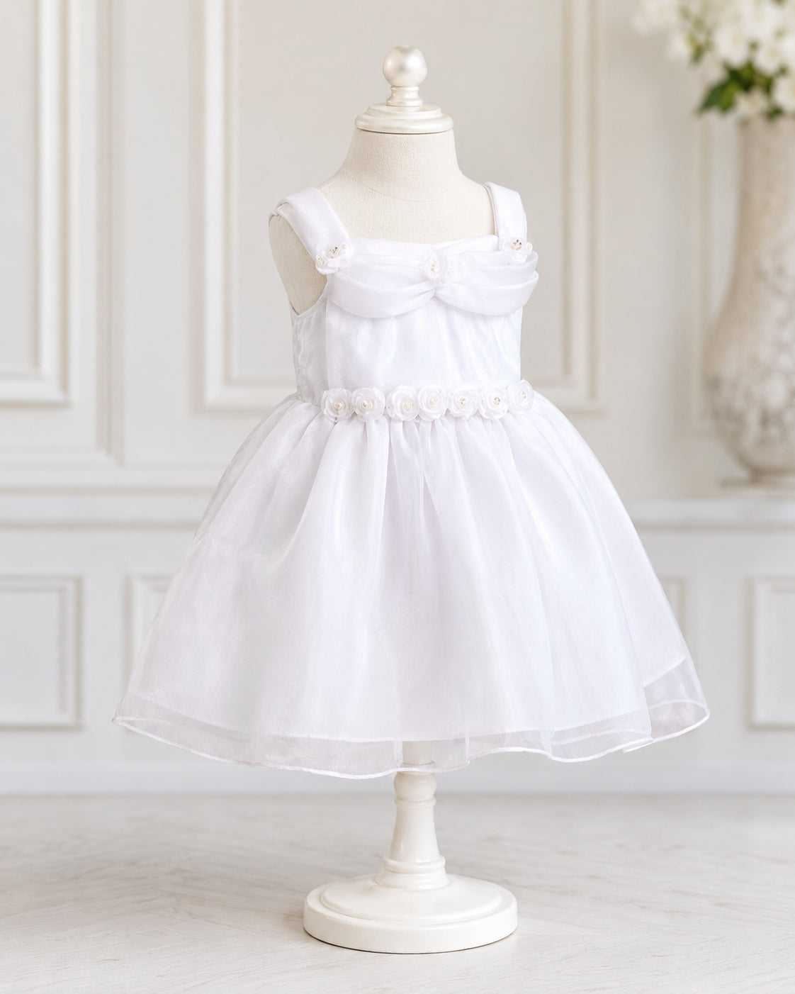 Girls White Organza Rosette-Waist Flower Girl Dress - Front View | Afayi Commerce