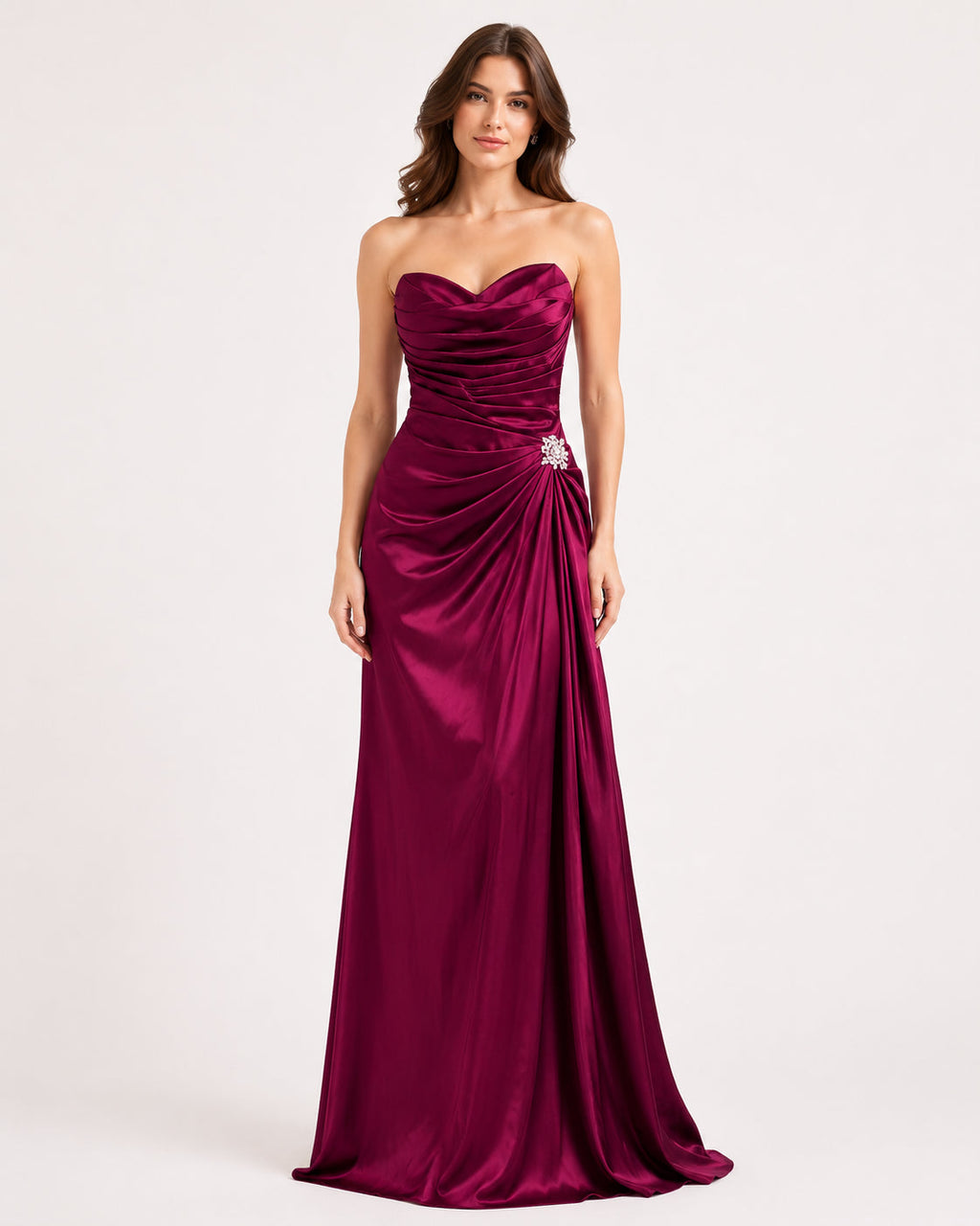 Magenta Satin Ruched Mermaid Gown - Front View | Afayi Commerce