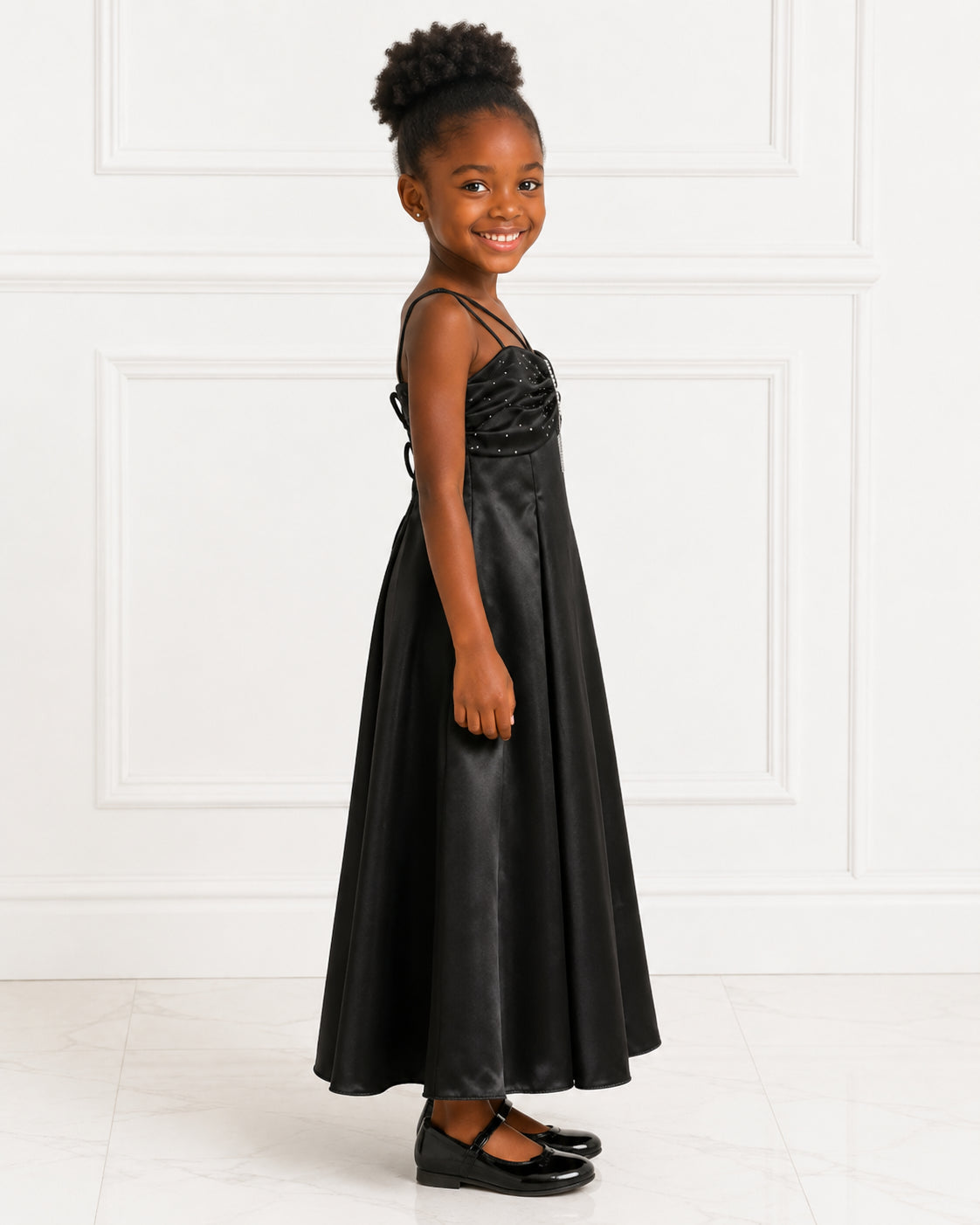 Girls Black Satin Beaded-Bodice Party Gown - Side View | Afayi Commerce
