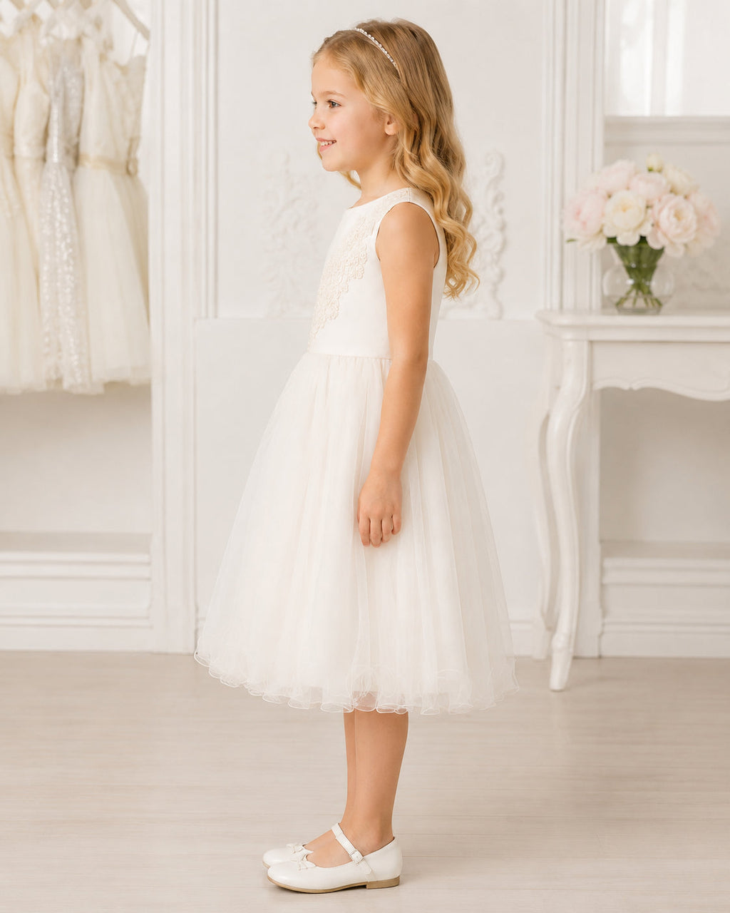 Girls Ivory Tulle Floral Applique Flower Girl Dress - Side View | Afayi Commerce