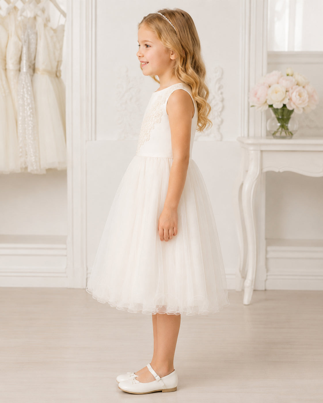 Girls Ivory Tulle Floral Applique Flower Girl Dress - Side View | Afayi Commerce