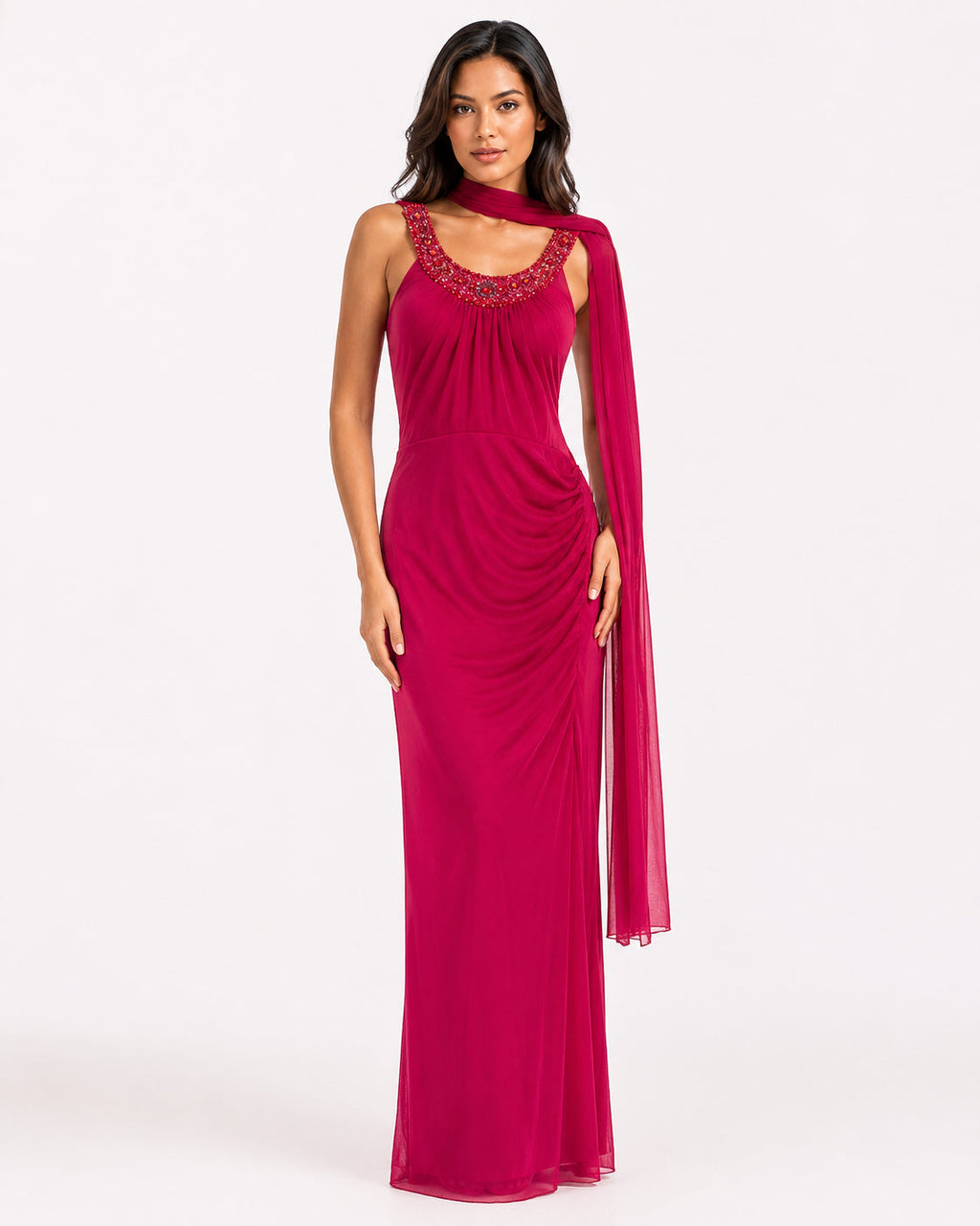 Raspberry Beaded Scoop-Neck Draped Gown - Alternate View 3 | Afayi Commerce
