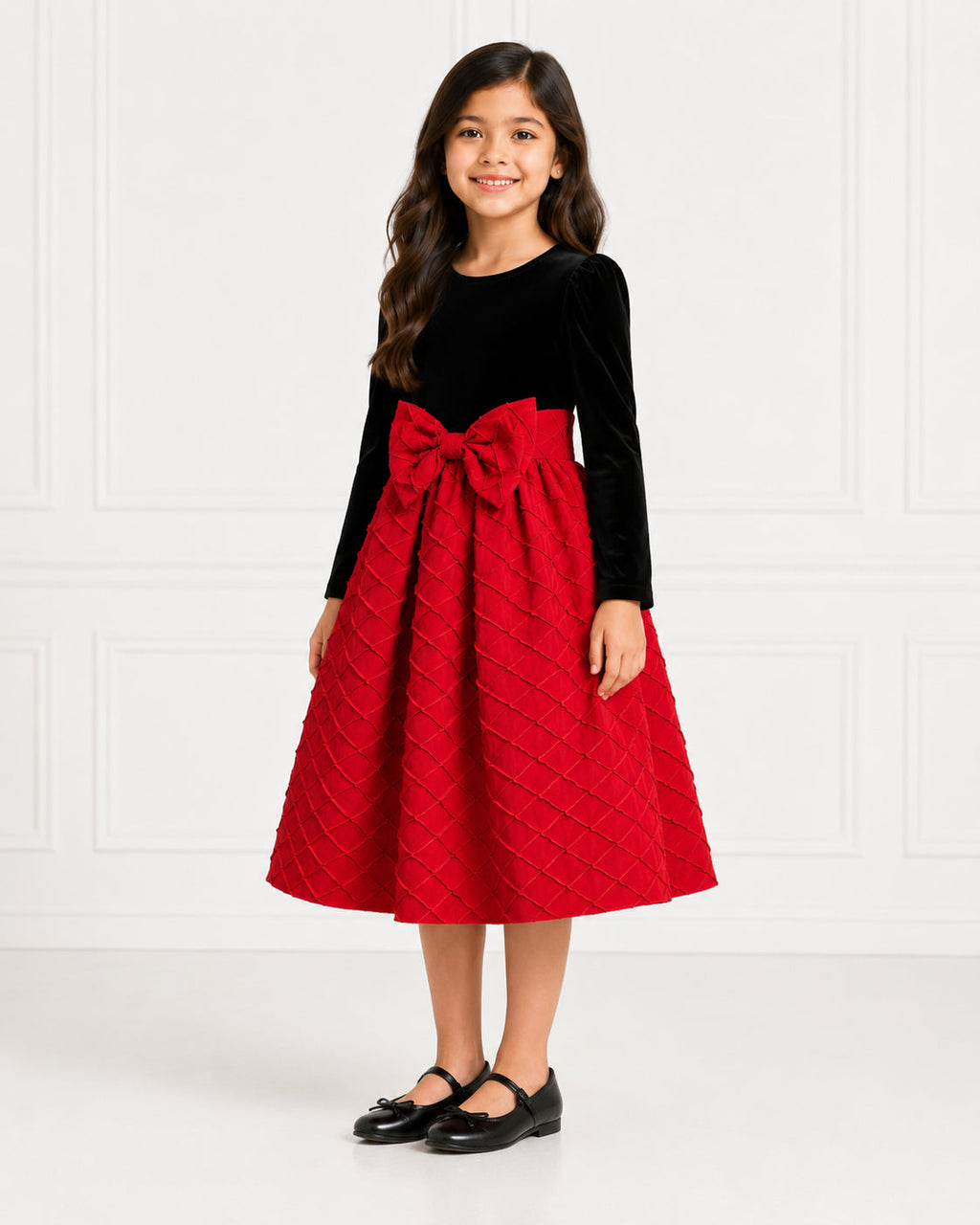 Girls Crimson Quilted Velvet Holiday Dress - Front View 3 | Afayi Commerce