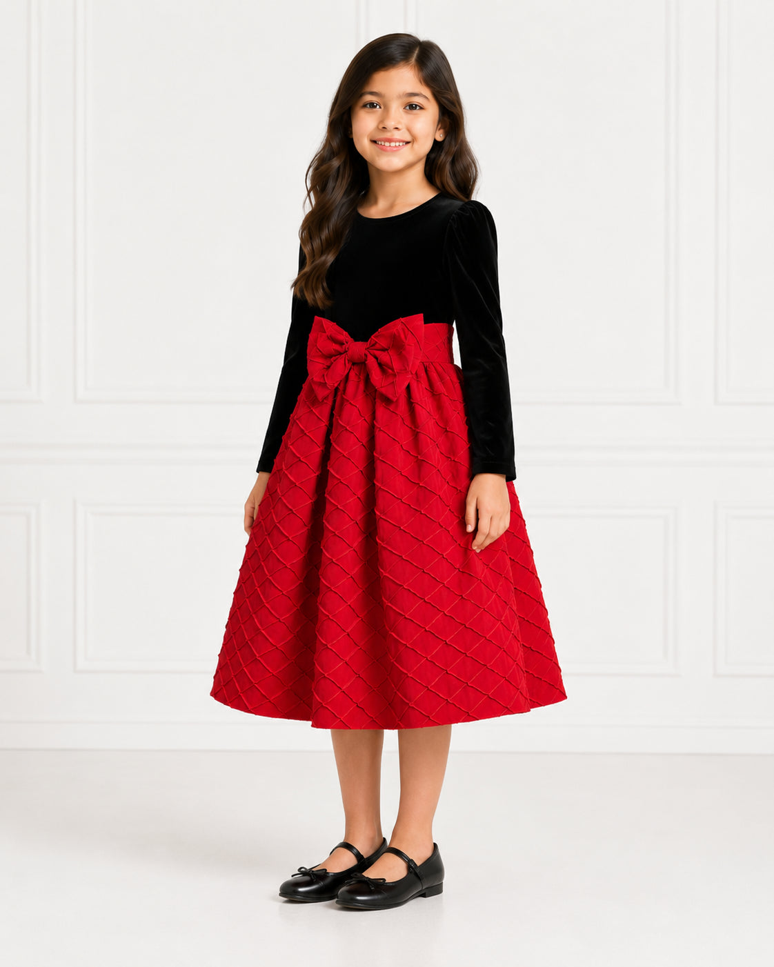 Girls Crimson Quilted Velvet Holiday Dress - Front View 3 | Afayi Commerce