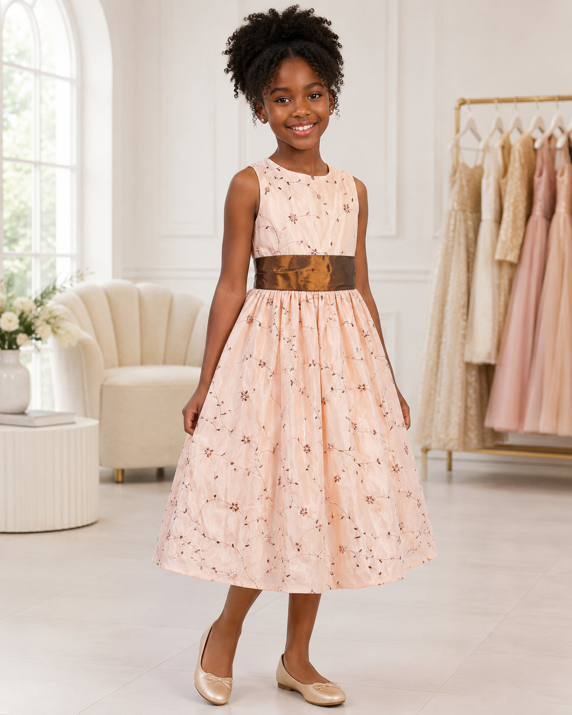 Girls Blush Floral Embroidered Bronze-Sash Dress - Front View 2 | Afayi Commerce