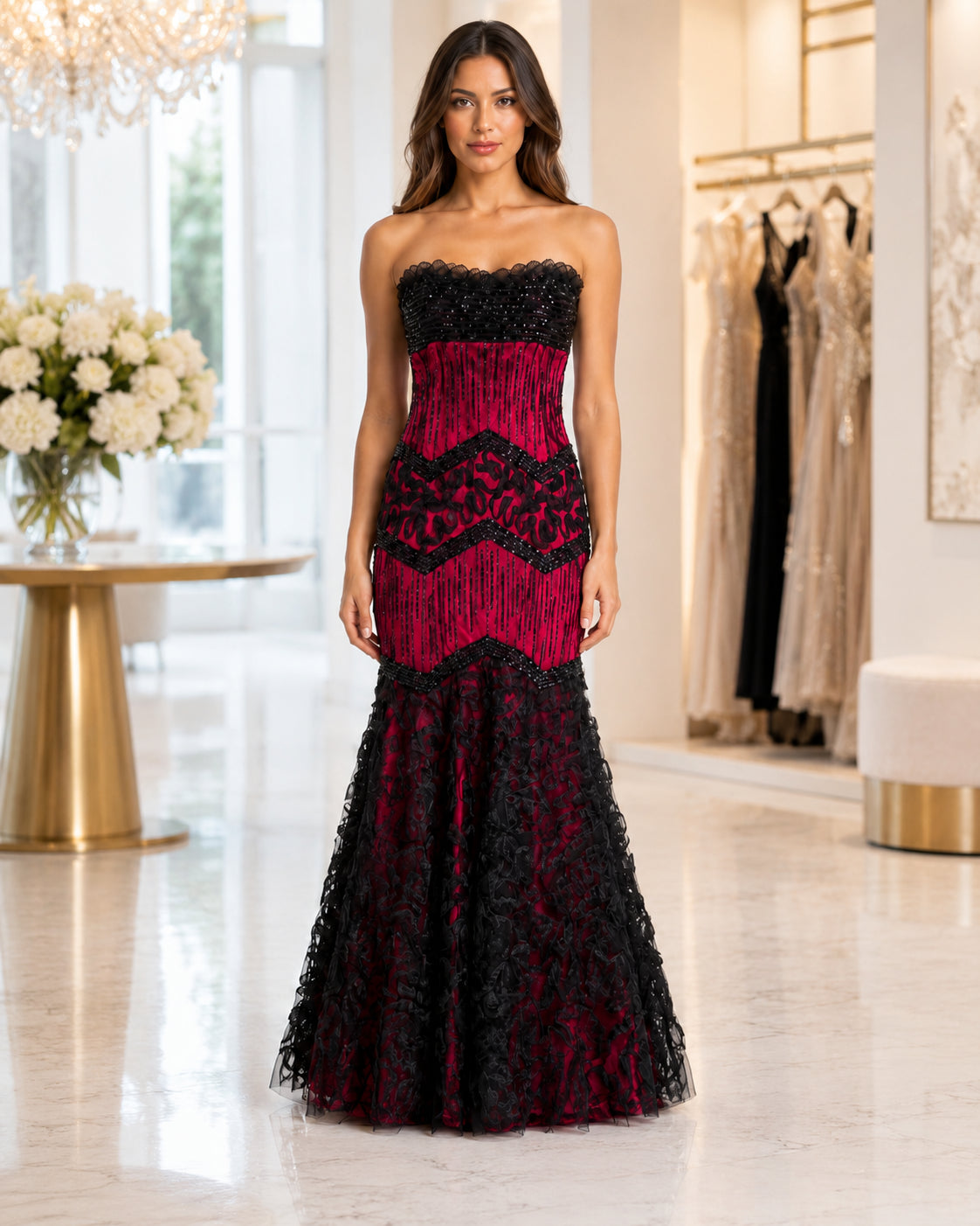 Crimson and Black Beaded Chevron Lace Mermaid Gown - Alternate View 2 | Afayi Commerce
