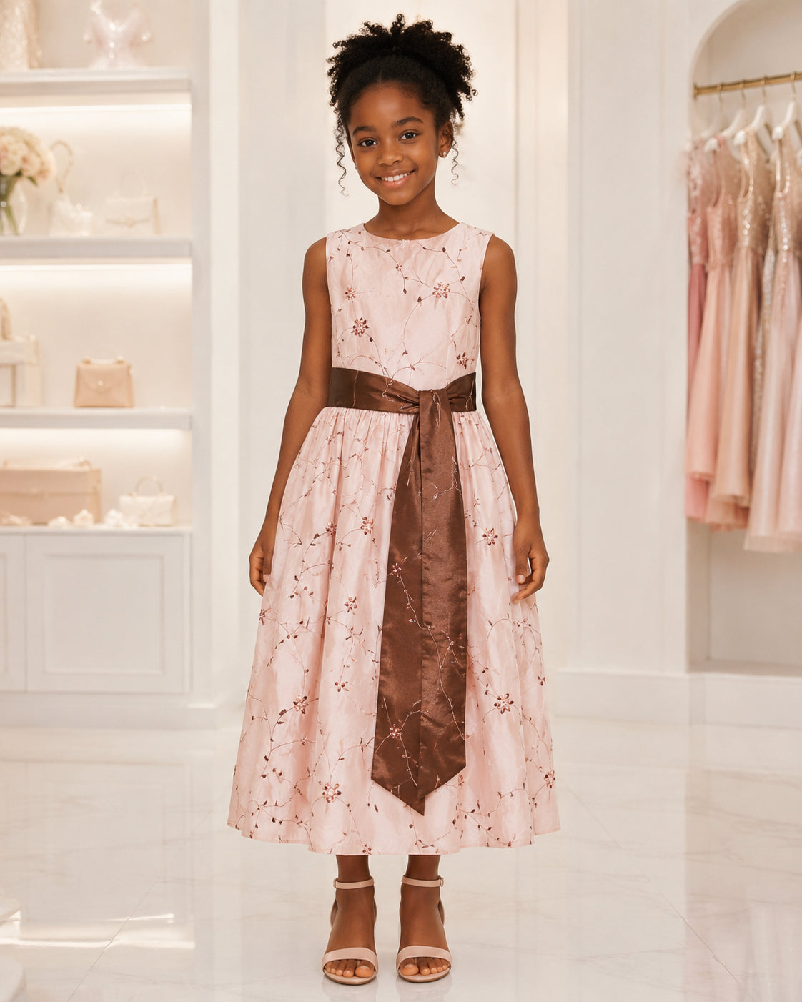 Girls Blush Floral Embroidered Bronze-Sash Dress - Front View 3 | Afayi Commerce