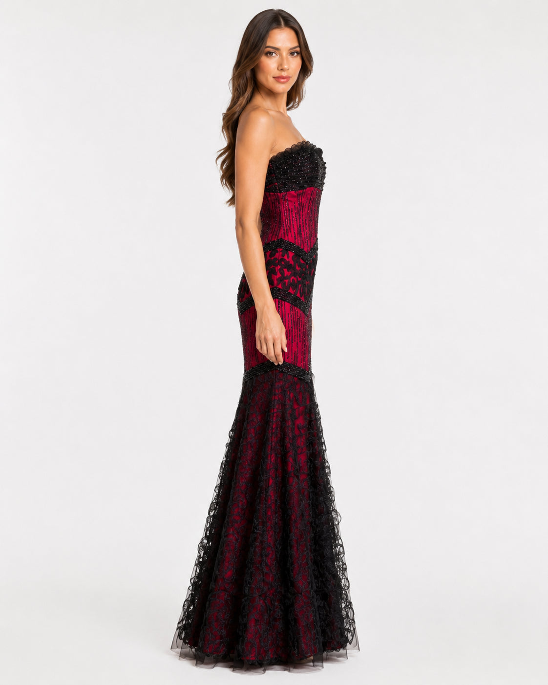 Crimson and Black Beaded Chevron Lace Mermaid Gown - Alternate View 3 | Afayi Commerce