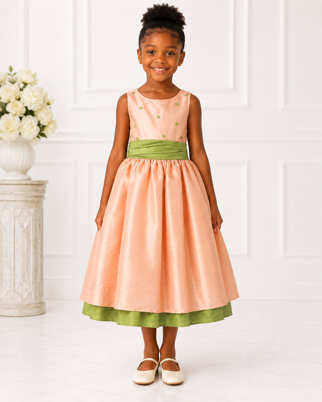 Girls Peach Taffeta Sage-Sash Flower Girl Dress - Front View 2 | Afayi Commerce