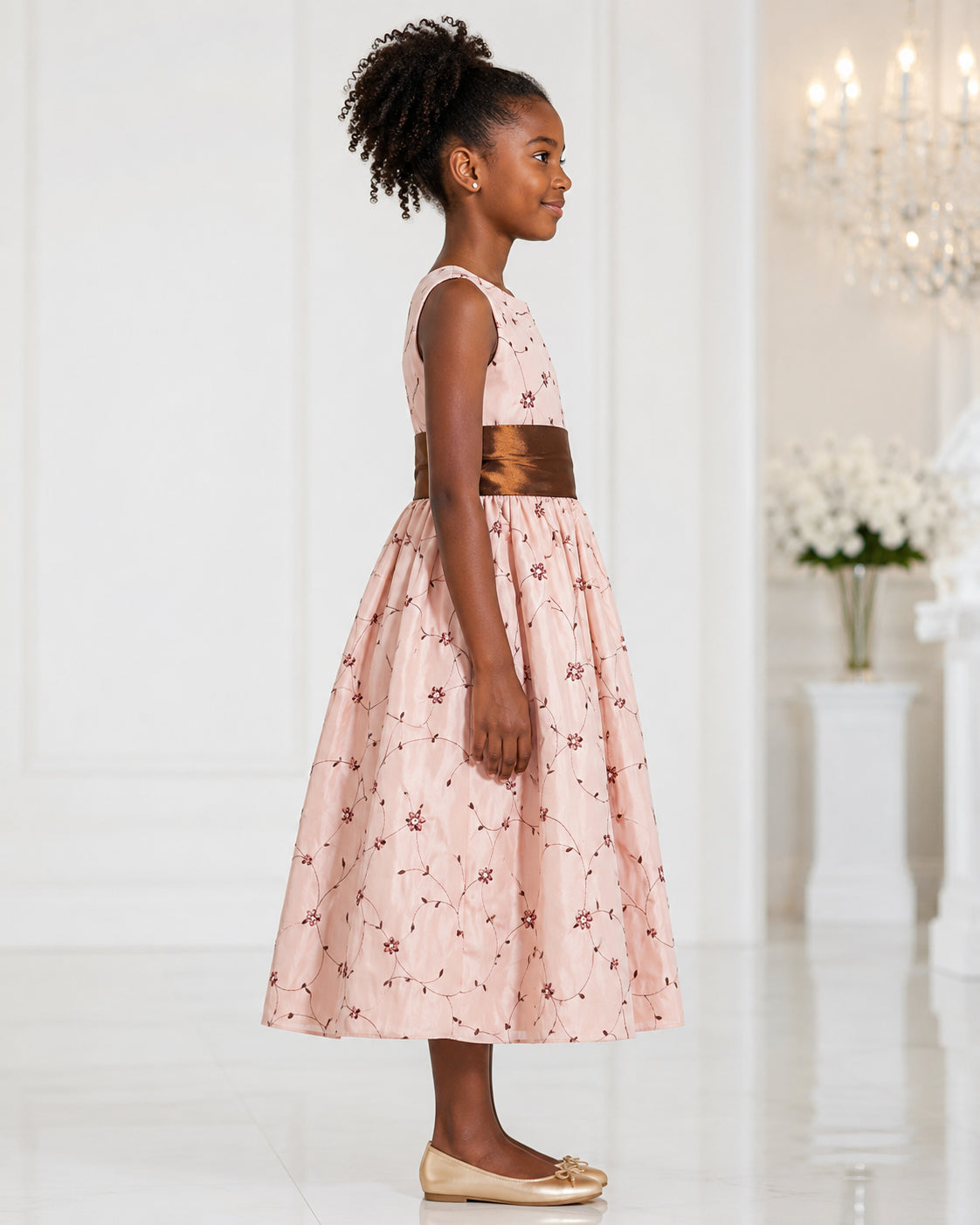 Girls Blush Floral Embroidered Bronze-Sash Dress - Side View | Afayi Commerce