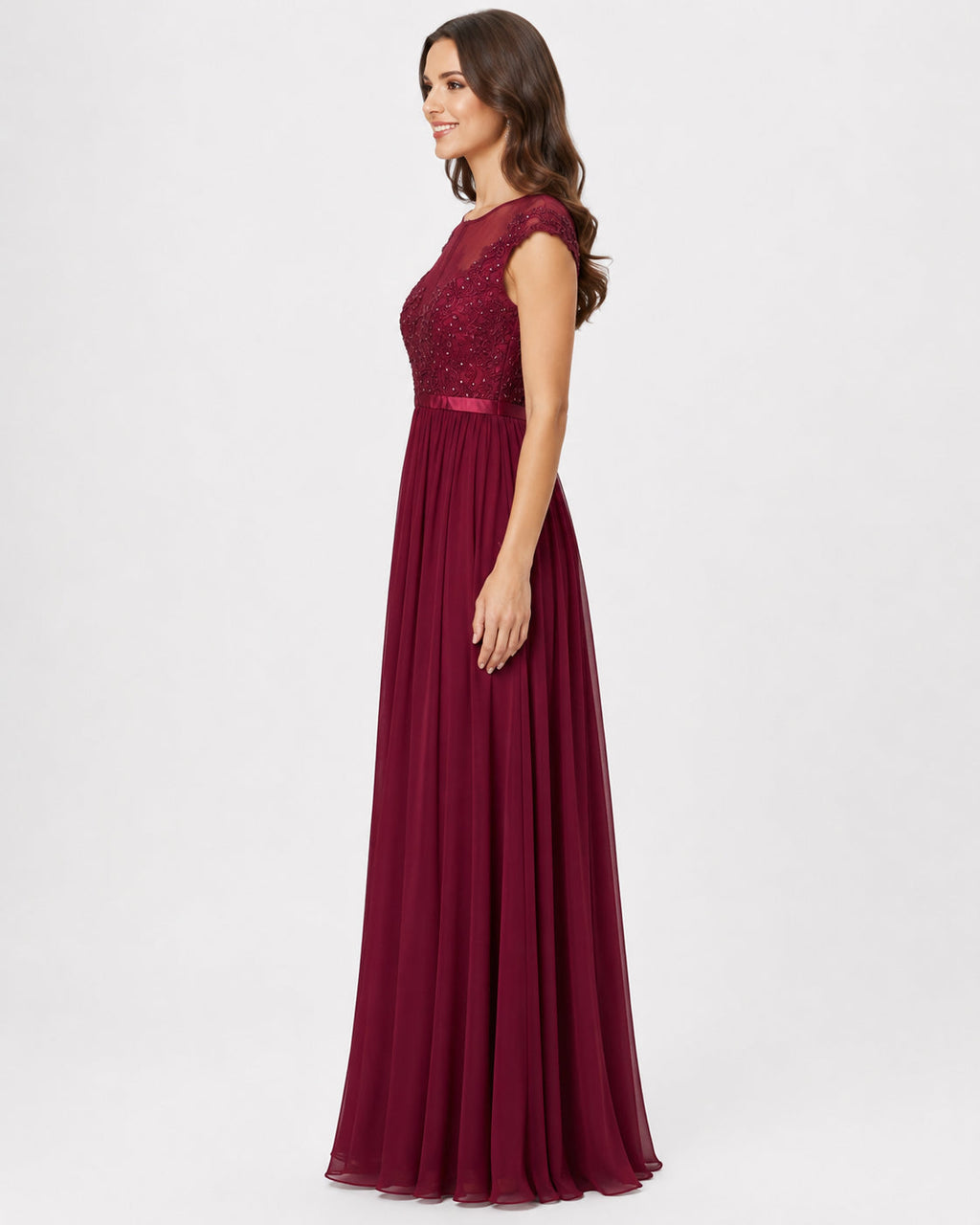 Burgundy Lace Cap-Sleeve Chiffon A-Line Gown - Alternate View 3 | Afayi Commerce