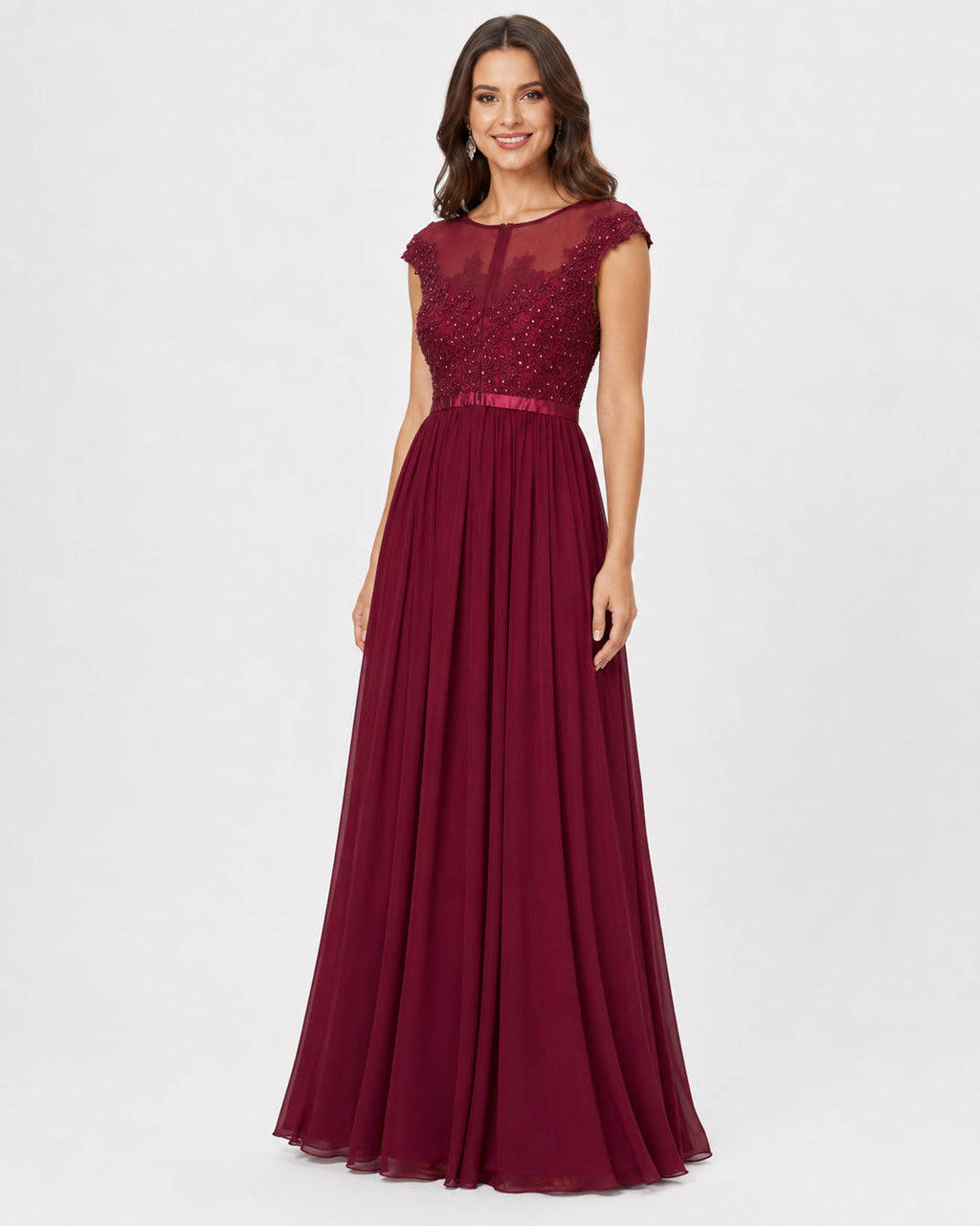 Burgundy Lace Cap-Sleeve Chiffon A-Line Gown - Alternate View 4 | Afayi Commerce