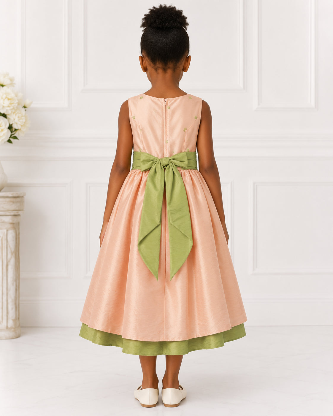 Girls Peach Taffeta Sage-Sash Flower Girl Dress - Back View | Afayi Commerce