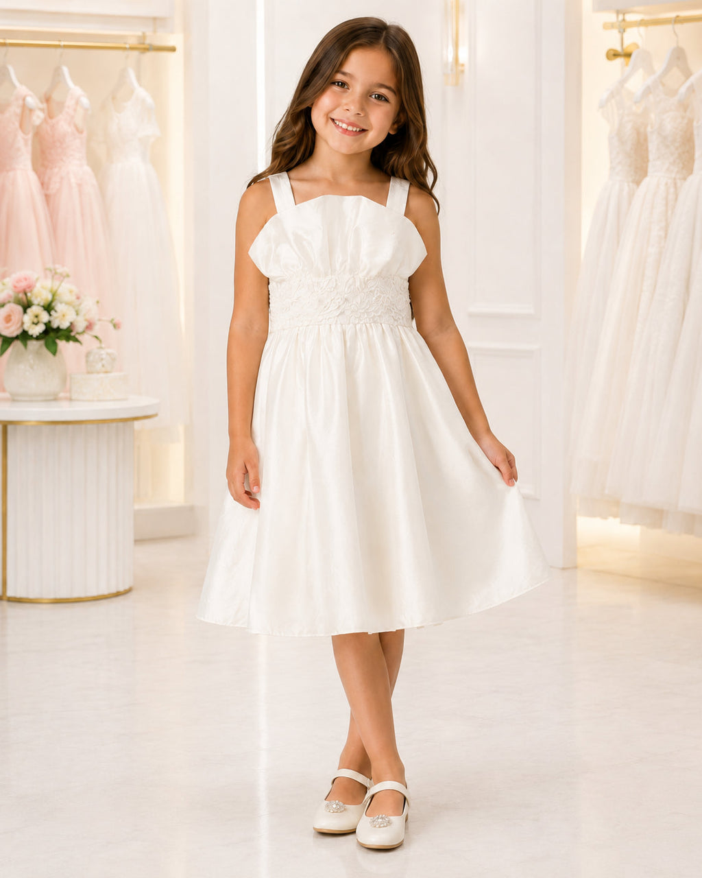 Girls Ivory Taffeta Square-Neck Flower Girl Dress - Front View 3 | Afayi Commerce