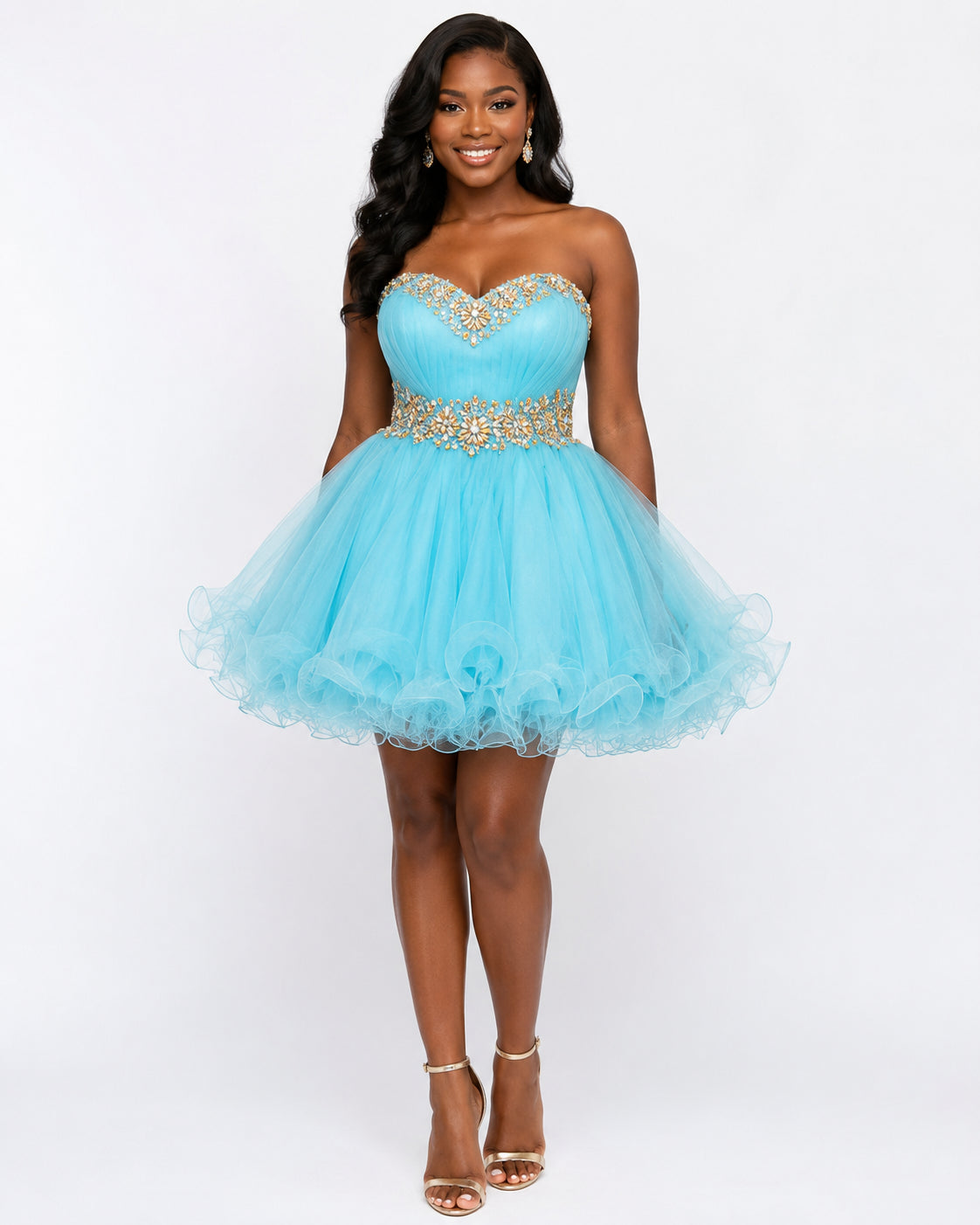 Aqua Gold Crystal Sweetheart Party Dress - Front View | Afayi Commerce