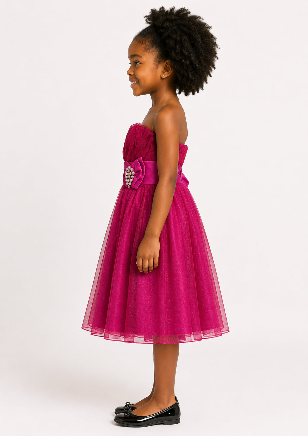 Girls Fuchsia Glitter Tulle Flower Girl Dress - Side View | Afayi Commerce
