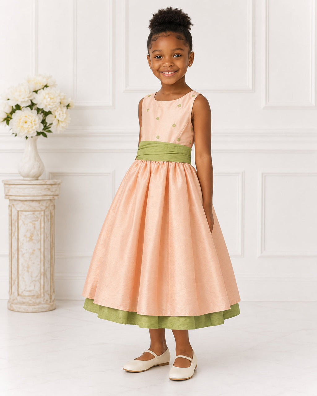 Girls Peach Taffeta Sage-Sash Flower Girl Dress - Front View 3 | Afayi Commerce