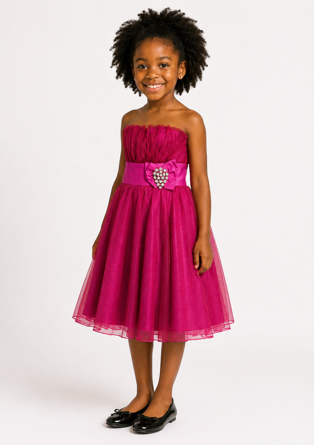 Girls Fuchsia Glitter Tulle Flower Girl Dress - Front View 3 | Afayi Commerce